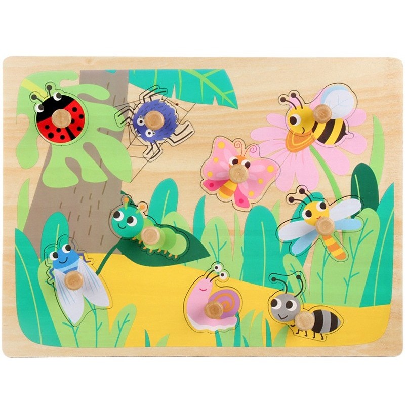 Puzzle Montessori din Lemn pentru Copii, Joc Educativ 3D de Dezvoltare Cognitiva si Motorie, Model Insecte si Obiecte, 9 Piese, 0-3 Ani, 30x22.5x0.8 cm, Multicolor
