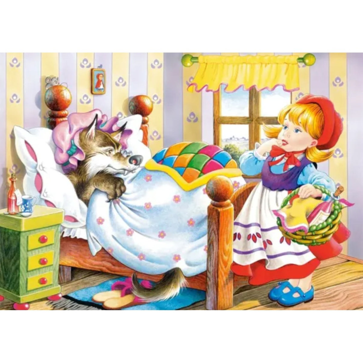 Puzzle Educativ din Lemn, 60 de Piese, Dezvoltare Abilitati Cognitive, Model Scufita Rosie, Cutie Metalica pentru Depozitare, Multicolor, 22.5x13.5 cm