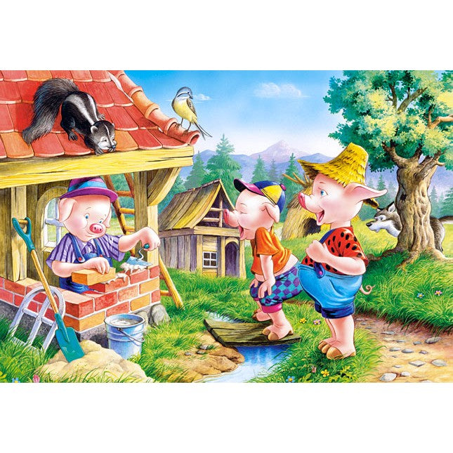 Puzzle Educativ din Lemn, Model Cei Trei Purcelusi, 60 Piese, Dezvoltare Abilitati Cognitive si Motorii, Cutie Metalica pentru Depozitare, 22.5x13.5 cm, Multicolor