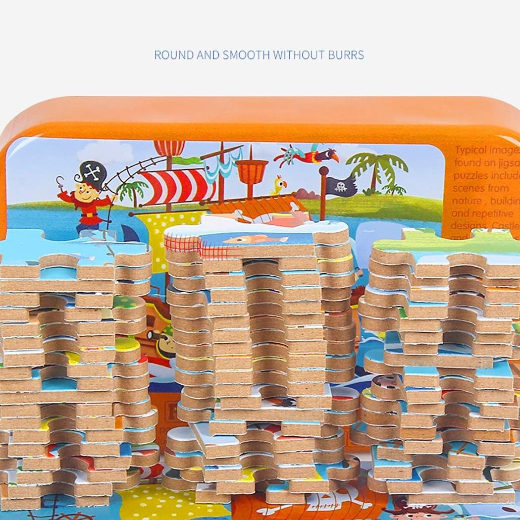 Puzzle Educativ din Lemn, Model Cei Trei Purcelusi, 60 Piese, Dezvoltare Abilitati Cognitive si Motorii, Cutie Metalica pentru Depozitare, 22.5x13.5 cm, Multicolor