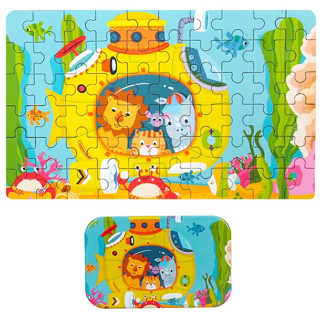 Puzzle Educativ din Lemn, Model Submarin pentru Copii si Prescolari, Dezvoltare Abilitati Cognitive, Cutie Metalica de Depozitare, 60 Piese, 22.5x13.5 cm