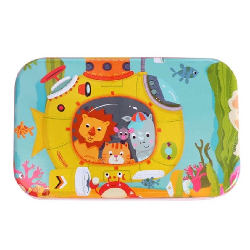 Puzzle Educativ din Lemn, Model Submarin pentru Copii si Prescolari, Dezvoltare Abilitati Cognitive, Cutie Metalica de Depozitare, 60 Piese, 22.5x13.5 cm