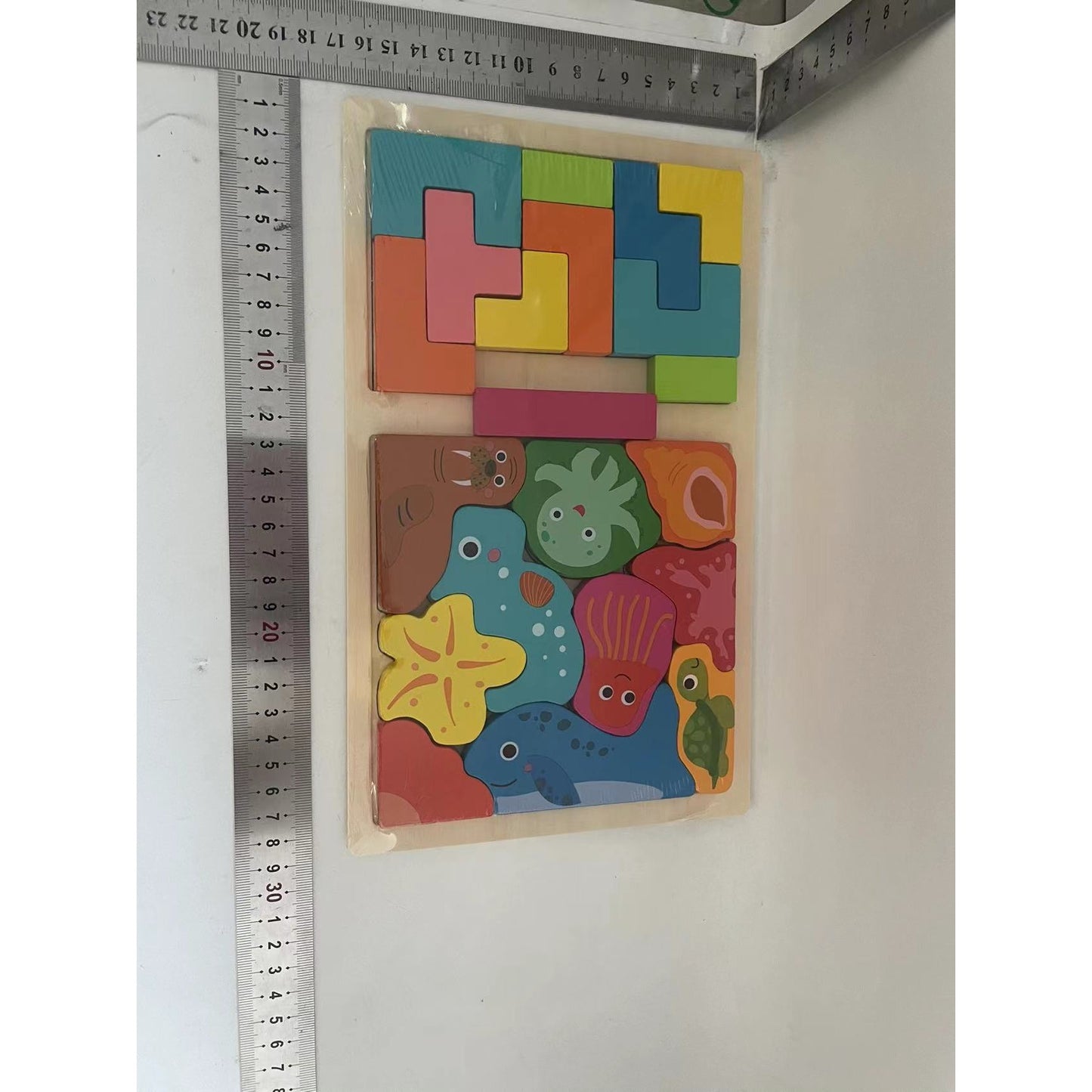 Puzzle Montessori din Lemn pentru Copii, Joc Educativ Tip Tetris 2in1, Animale Marine 3D, 21 Piese, Varsta +3 Ani, 28.5x17x1.2 cm, Multicolor