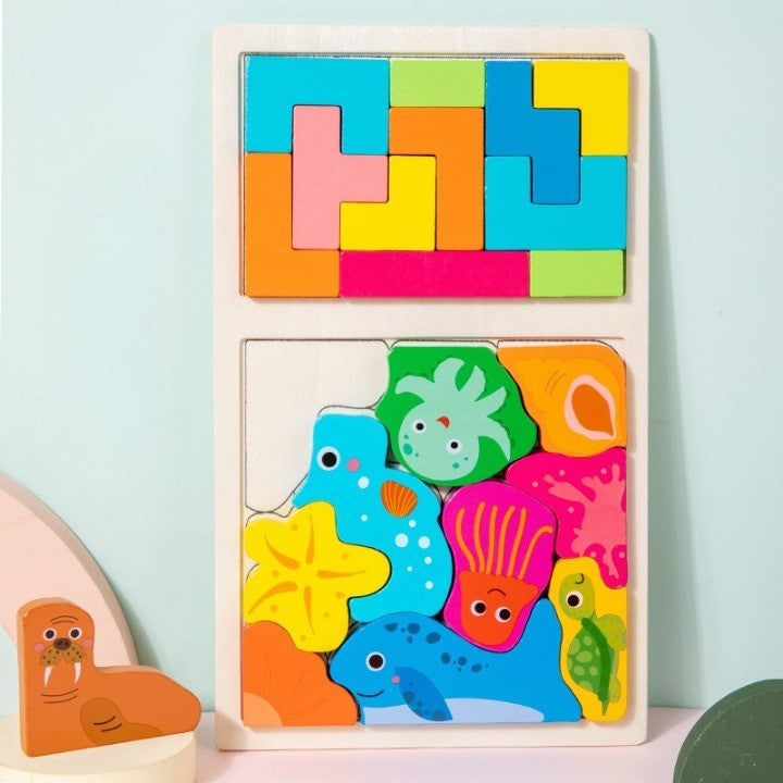 Puzzle Montessori din Lemn pentru Copii, Joc Educativ Tip Tetris 2in1, Animale Marine 3D, 21 Piese, Varsta +3 Ani, 28.5x17x1.2 cm, Multicolor