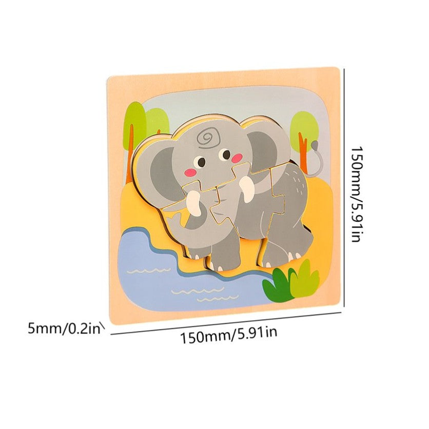 Puzzle Montessori din Lemn pentru Copii, Jucarie Educativa 3D, Model Elefant, Dezvoltare Motricitate, 4 Piese, 15x15x0.5 cm, Multicolor