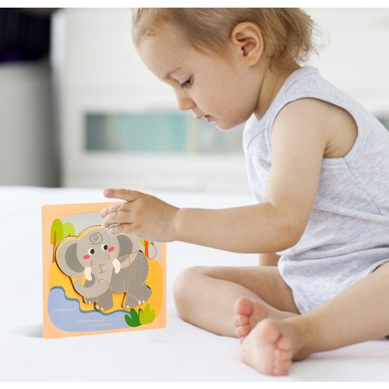 Puzzle Montessori din Lemn pentru Copii, Jucarie Educativa 3D, Model Elefant, Dezvoltare Motricitate, 4 Piese, 15x15x0.5 cm, Multicolor