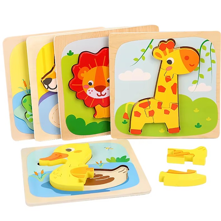 Puzzle Montessori din Lemn pentru Copii, Jucarie Educativa 3D, Model Leu, Dezvoltare Abilitati Motorii, 3 Piese, 15x15x0.5 cm, Multicolor