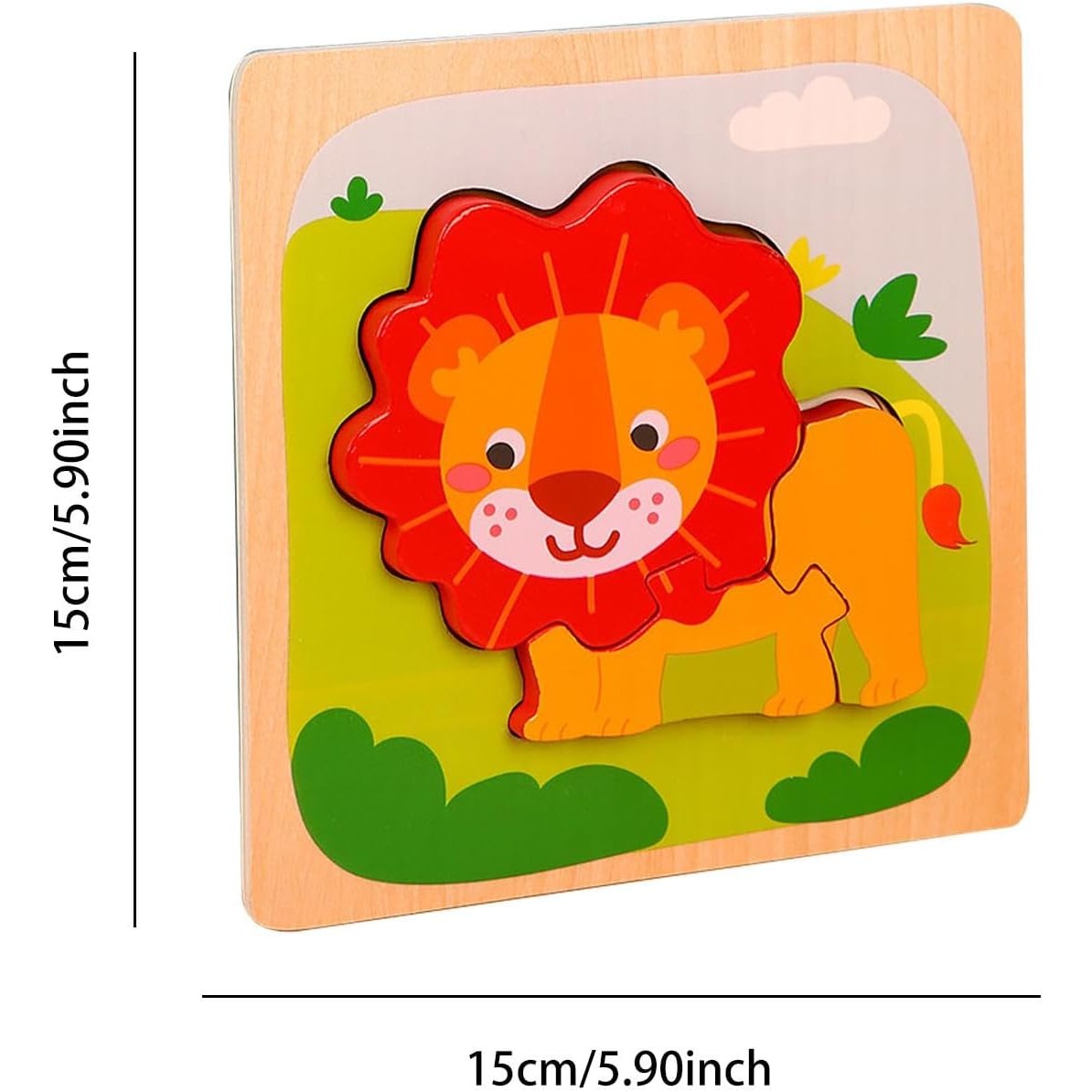 Puzzle Montessori din Lemn pentru Copii, Jucarie Educativa 3D, Model Leu, Dezvoltare Abilitati Motorii, 3 Piese, 15x15x0.5 cm, Multicolor