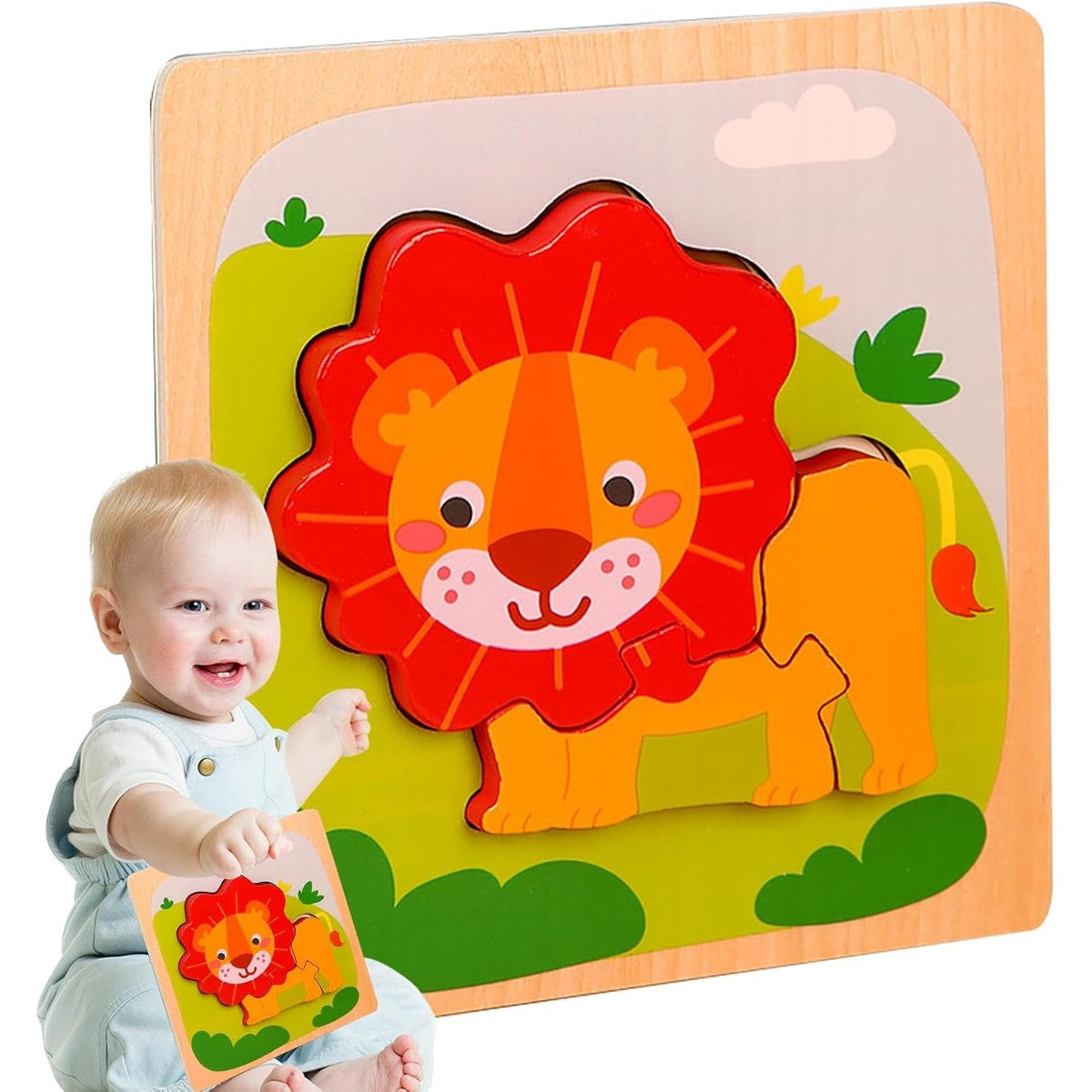 Puzzle Montessori din Lemn pentru Copii, Jucarie Educativa 3D, Model Leu, Dezvoltare Abilitati Motorii, 3 Piese, 15x15x0.5 cm, Multicolor