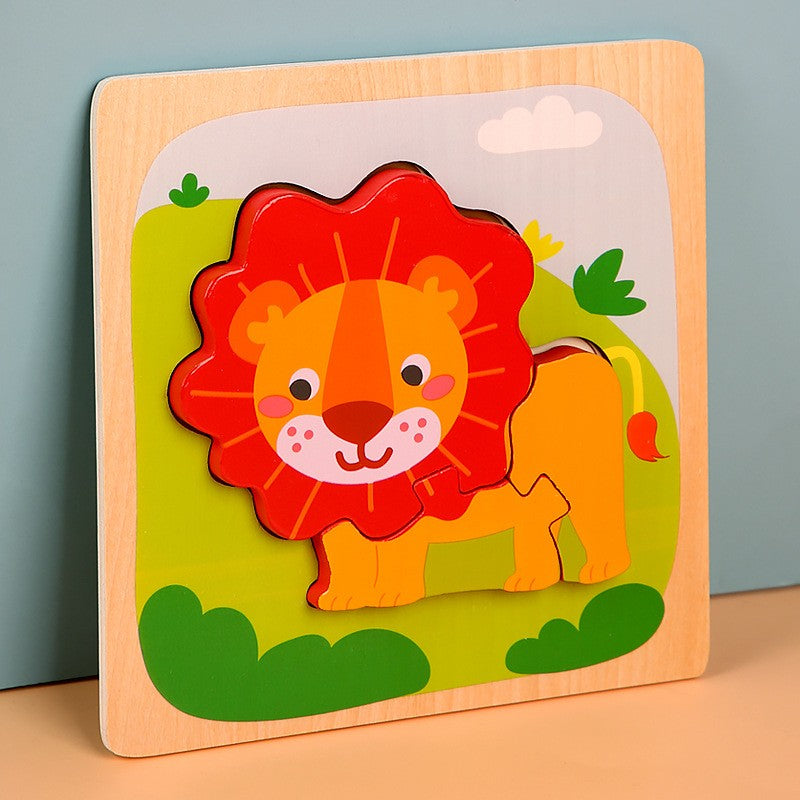 Puzzle Montessori din Lemn pentru Copii, Jucarie Educativa 3D, Model Leu, Dezvoltare Abilitati Motorii, 3 Piese, 15x15x0.5 cm, Multicolor