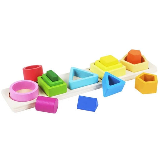 Jucarie Montessori Tip Puzzle, Forme Geometrice Asimetrice, Lemn Natural Non-Toxic, 15 Piese, 29x6.5 cm, +2 Ani, Multicolor