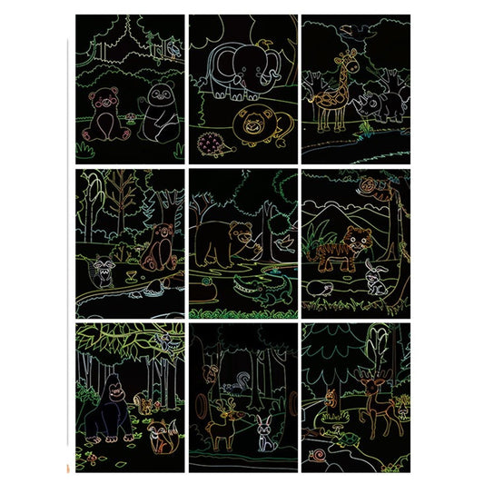Set 9 Planse Razuibile Scratch ArtCards, Activitate Creativa 2 in 1 de Razuit si Colorat, Carton si Lemn, Model Zoo, 19 x 14 cm, Multicolor, +3 Ani