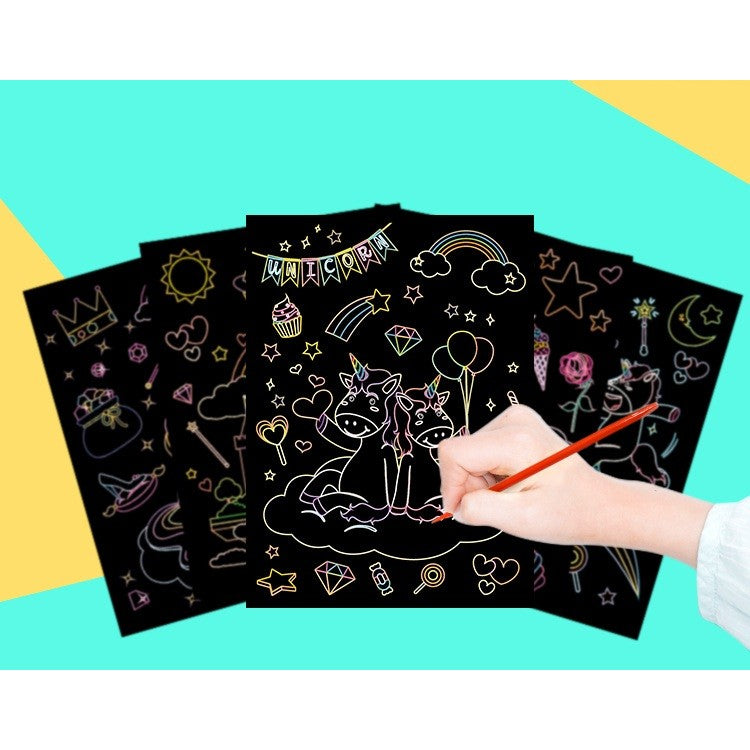 Set 9 Planse Razuibile Scratch ArtCards, Activitate Creativa 2 in 1 de Razuit si Colorat, Carton si Lemn, Model Zoo, 19 x 14 cm, Multicolor, +3 Ani