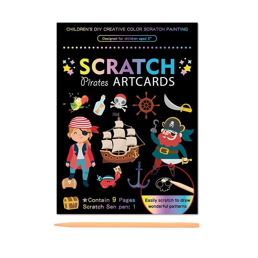 Set 9 Planse Razuibile Scratch ArtCards, Planse de Razuit si de Colorat, Activitate Creativa 2 in 1 pentru Copii, Hartie si Carton, 19 x 14 cm, Model Pirati, Multicolor, 3 Ani+