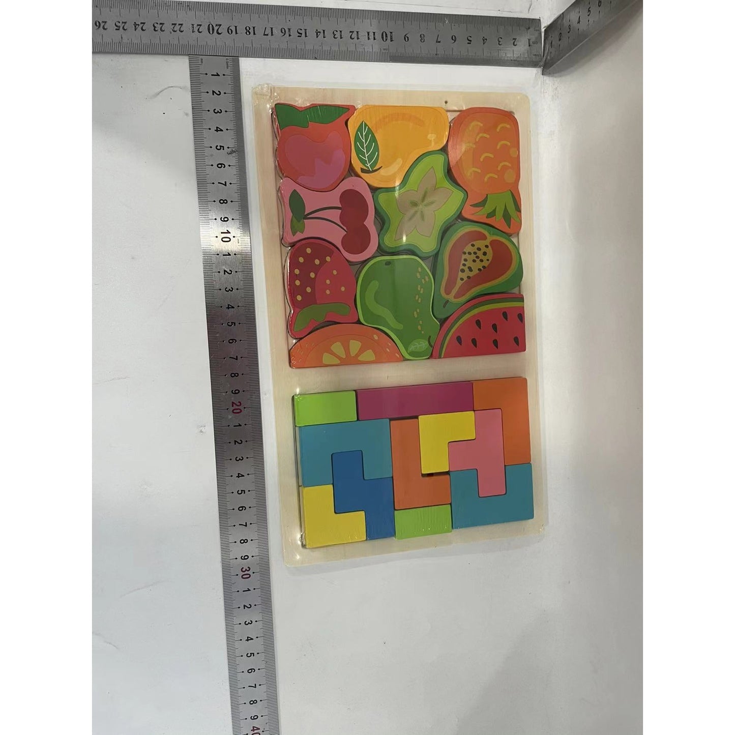 Puzzle Montessori din Lemn pentru Copii, Joc Tip Tetris 2 in 1 cu Fructe 3D, Educativ si Interactiv, Lemn Ecologic, 21 Piese, Varsta 3 Ani+, 28.5x17x1.2 cm, Multicolor