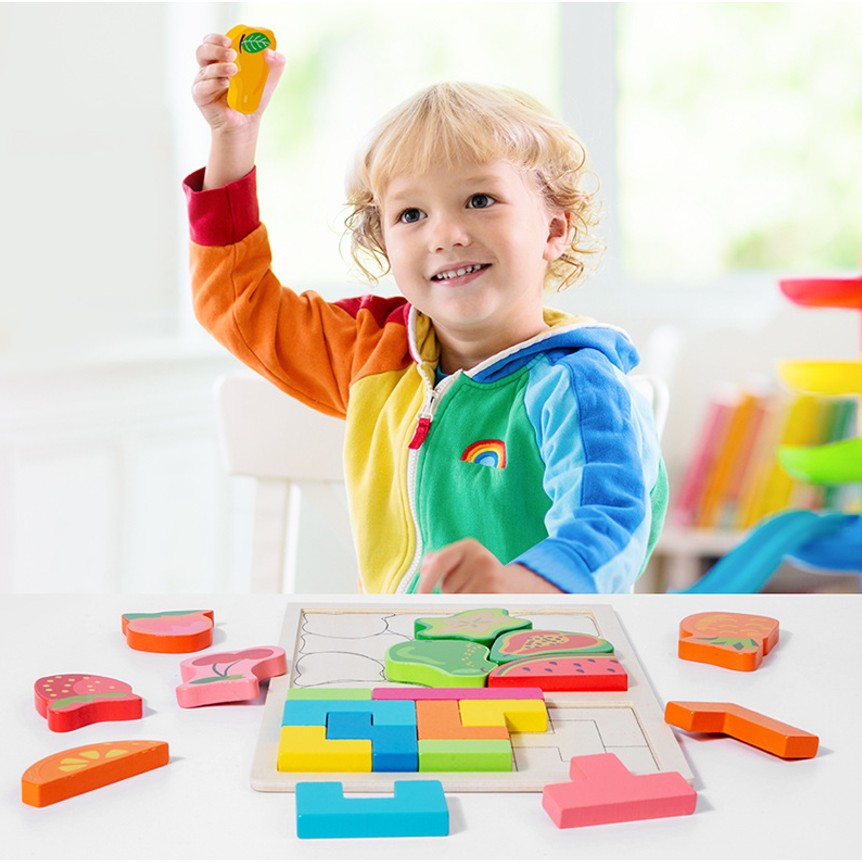 Puzzle Montessori din Lemn pentru Copii, Joc Tip Tetris 2 in 1 cu Fructe 3D, Educativ si Interactiv, Lemn Ecologic, 21 Piese, Varsta 3 Ani+, 28.5x17x1.2 cm, Multicolor
