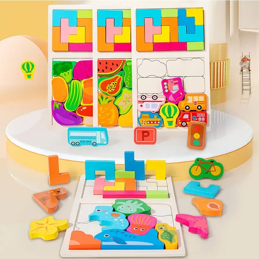 Puzzle Montessori din Lemn pentru Copii, Joc Tip Tetris 2 in 1 cu Fructe 3D, Educativ si Interactiv, Lemn Ecologic, 21 Piese, Varsta 3 Ani+, 28.5x17x1.2 cm, Multicolor