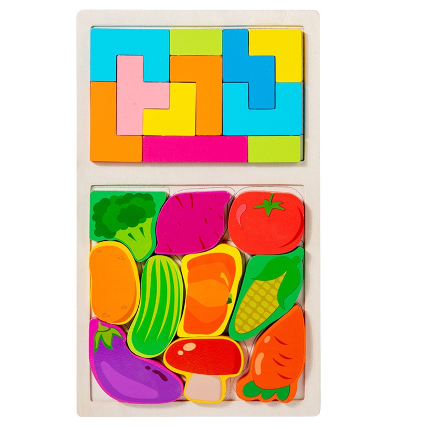Puzzle Montessori din Lemn pentru Copii, Joc Educativ Tip Tetris 2in1 cu Legume 3D, Dezvoltare Abilitati Cognitive, 21 Piese, 28.5x17x1.2 cm, Multicolor