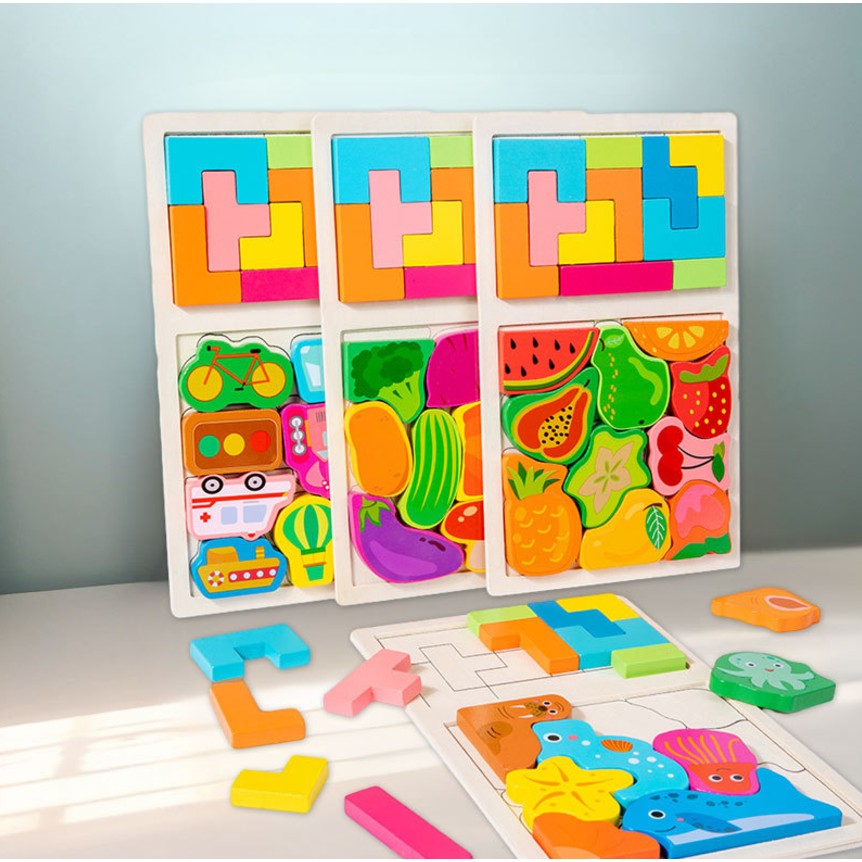 Puzzle Montessori din Lemn pentru Copii, Joc Educativ Tip Tetris 2in1 cu Legume 3D, Dezvoltare Abilitati Cognitive, 21 Piese, 28.5x17x1.2 cm, Multicolor