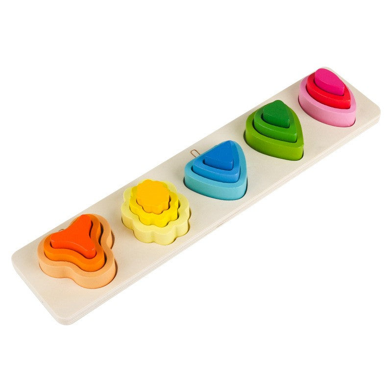 Jucarie Montessori din Lemn, Puzzle Educativ cu 5 Forme Asimetrice, Model Copaci pentru Motricitate Fina, 15 Piese, Multicolor, 29x6.5 cm, +2 Ani
