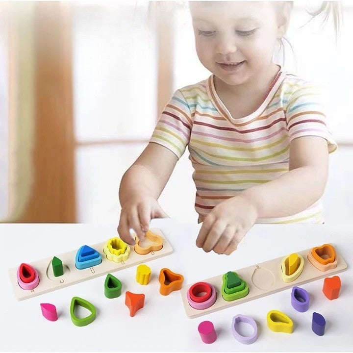 Jucarie Montessori din Lemn, Puzzle Educativ cu 5 Forme Asimetrice, Model Copaci pentru Motricitate Fina, 15 Piese, Multicolor, 29x6.5 cm, +2 Ani
