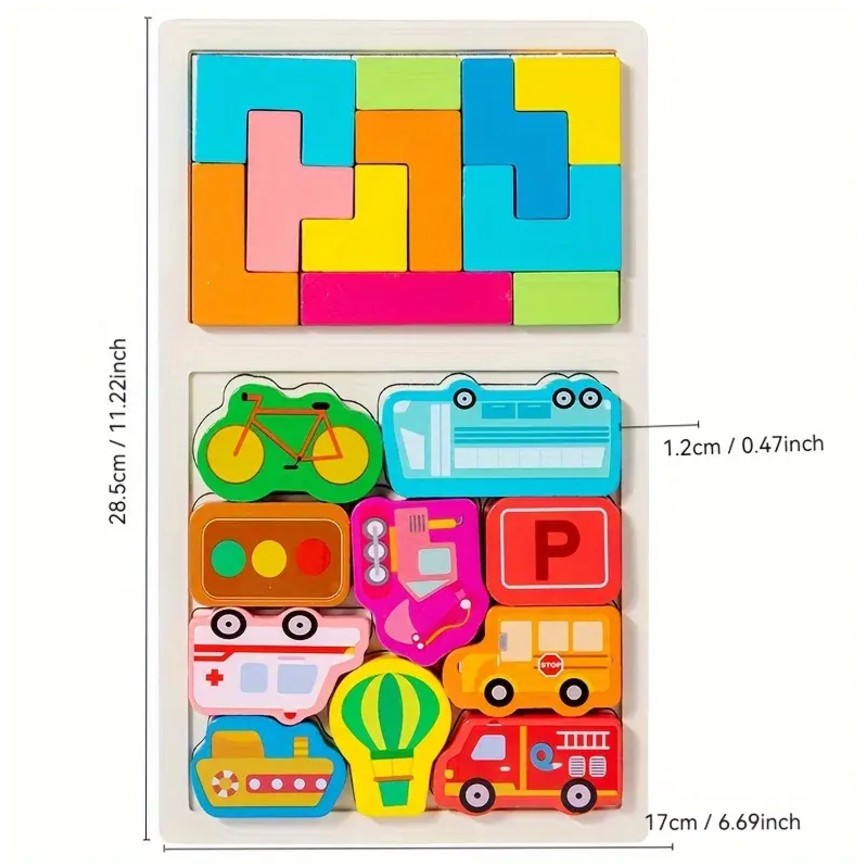 Puzzle Montessori din Lemn pentru Copii, Joc Educativ Tip Tetris 2in1 cu Masini 3D, Lemn Ecologic, 21 Piese, 28.5x17x1.2 cm, Multicolor, +3 Ani