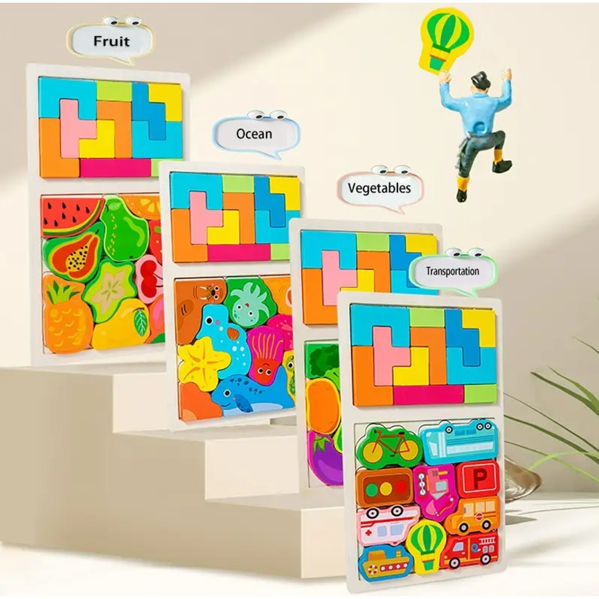 Puzzle Montessori din Lemn pentru Copii, Joc Educativ Tip Tetris 2in1 cu Masini 3D, Lemn Ecologic, 21 Piese, 28.5x17x1.2 cm, Multicolor, +3 Ani