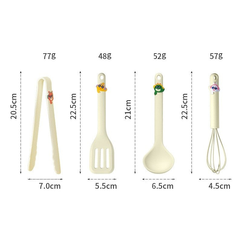 Set 4 Ustensile de Bucatarie pentru Copii, Termorezistente cu Design Animat, Silicon Alimentar Antibacterian, 13 x 24 x 5 cm, Bej