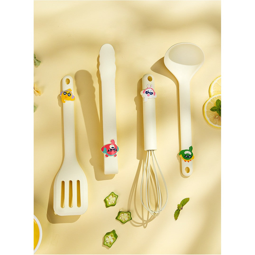 Set 4 Ustensile de Bucatarie pentru Copii, Termorezistente cu Design Animat, Silicon Alimentar Antibacterian, 13 x 24 x 5 cm, Bej