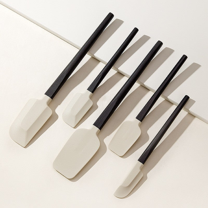 Set 5 Ustensile de Bucatarie, Spatule din Silicon Termorezistent si Lemn, Suprafata Antiaderenta, Diferite Dimensiuni, Alb-Negru