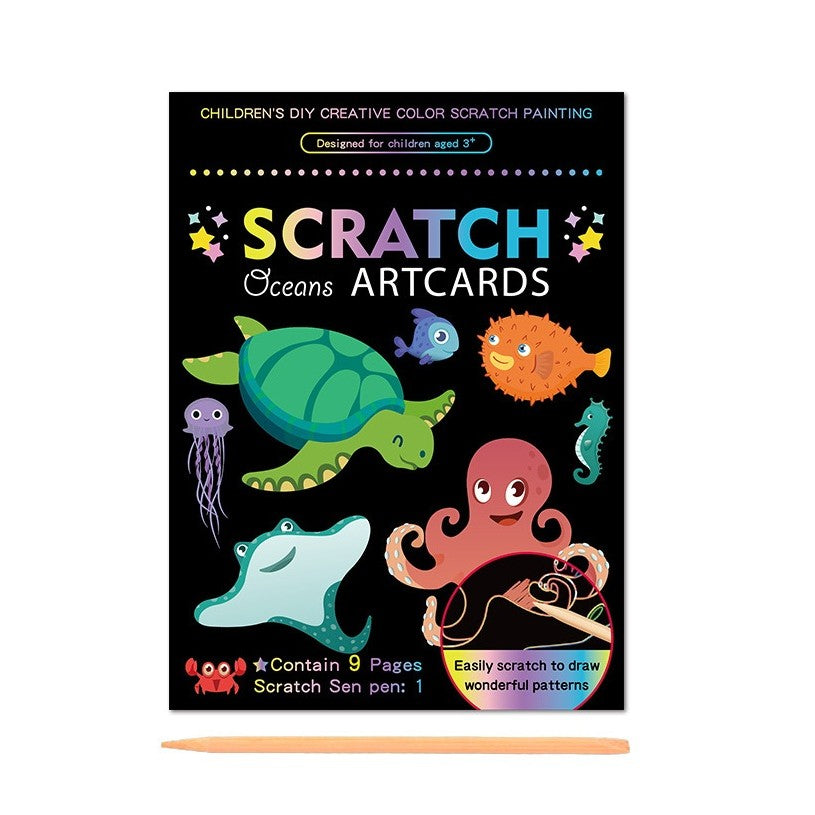 Set Planse Razuibile Scratch ArtCards, Planse de Razuit si de Colorat 2 in 1 pentru Copii, Hartie si Carton, Model Ocean, 9 Bucati, 19 x 14 cm, Multicolor