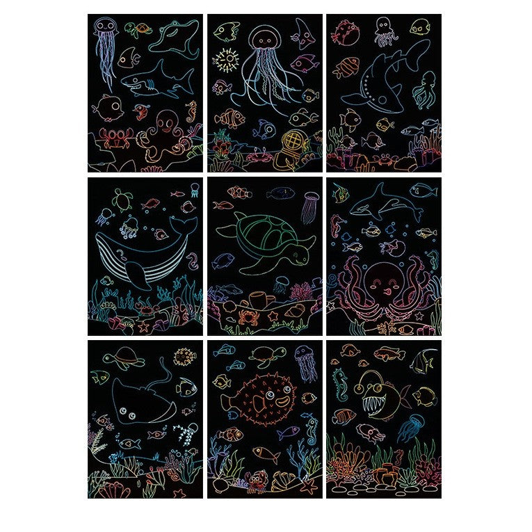 Set Planse Razuibile Scratch ArtCards, Planse de Razuit si de Colorat 2 in 1 pentru Copii, Hartie si Carton, Model Ocean, 9 Bucati, 19 x 14 cm, Multicolor