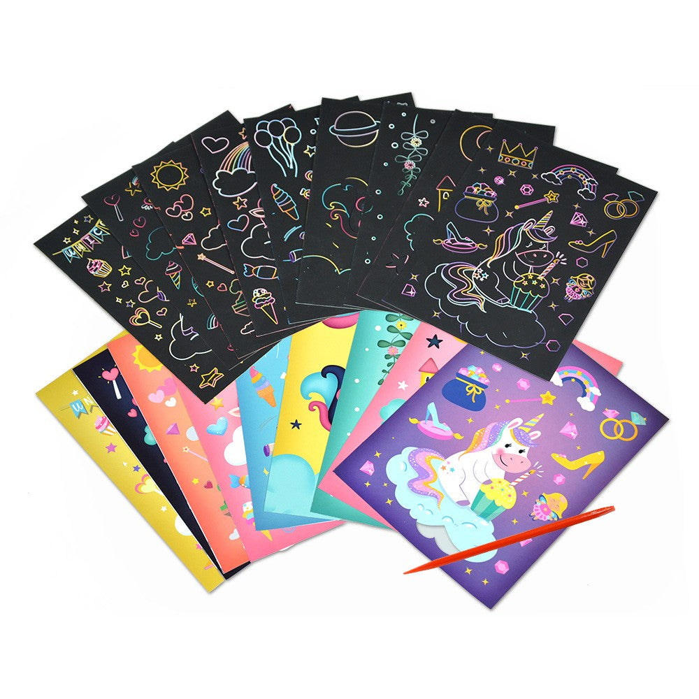 Set Planse Razuibile Scratch ArtCards, Activitate Creativa 2 in 1 de Razuire si Colorat, Carton si Hartie, Model Sirene, 9 Bucati, 19 x 14 cm, Multicolor