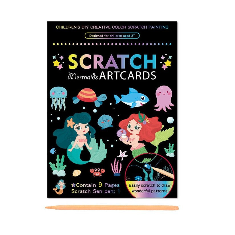Set Planse Razuibile Scratch ArtCards, Activitate Creativa 2 in 1 de Razuire si Colorat, Carton si Hartie, Model Sirene, 9 Bucati, 19 x 14 cm, Multicolor