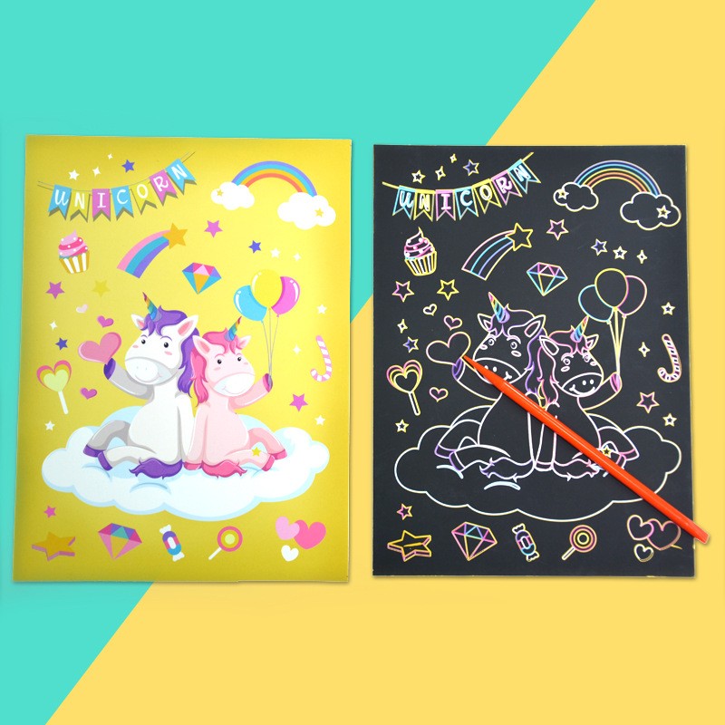 Set Planse Razuibile Scratch ArtCards, Activitate Creativa 2 in 1 de Razuire si Colorat, Carton si Hartie, Model Sirene, 9 Bucati, 19 x 14 cm, Multicolor