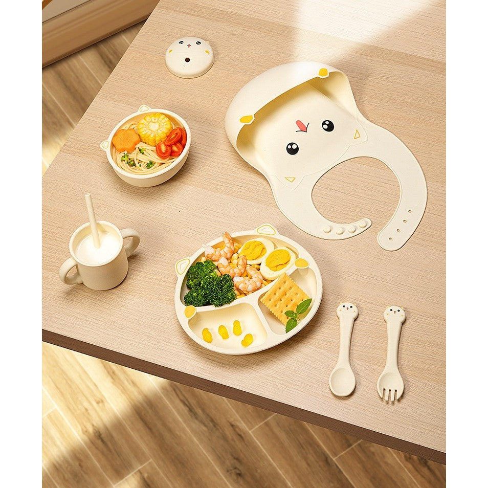 Set Diversificare Bebelusi si Copii, Hranire cu Ventuza si Baveta, Silicon Alimentar Fara BPA, Model Pisicuta, 7 Piese, +12 Luni, Bej