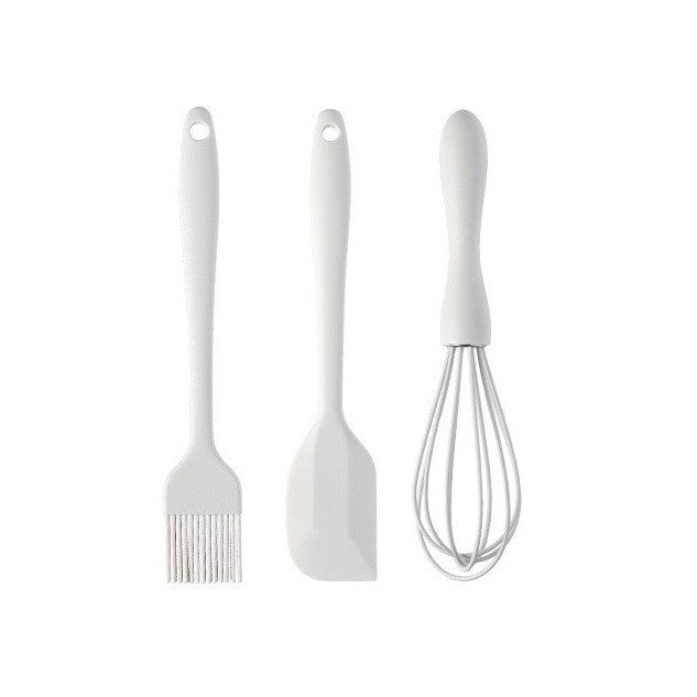 Set 3 Ustensile de Bucatarie, Silicon Alimentar si Inox, Termorezistente si Antiaderente, Pensula, Paleta si Tel, Alb Ivory