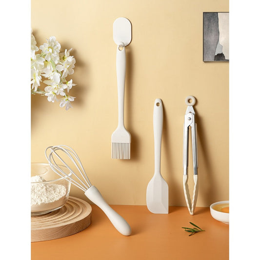 Set Ustensile de Bucătărie, Termorezistente și Antiaderente, Silicon Alimentar și Inox, 5 Piese, Alb Ivory Maro