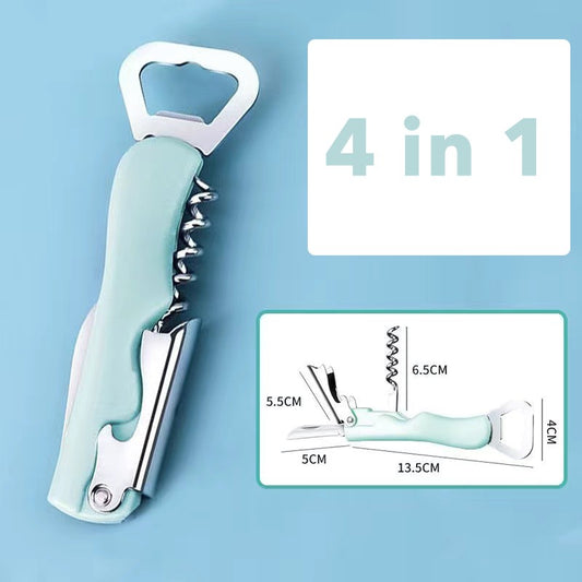 Tirbuson de Sticle 4 in 1, Desfacator de Sticle Multifunctional, Otel Inoxidabil, Maner Anti-Alunecare, 13.5 x 4 cm, Verde