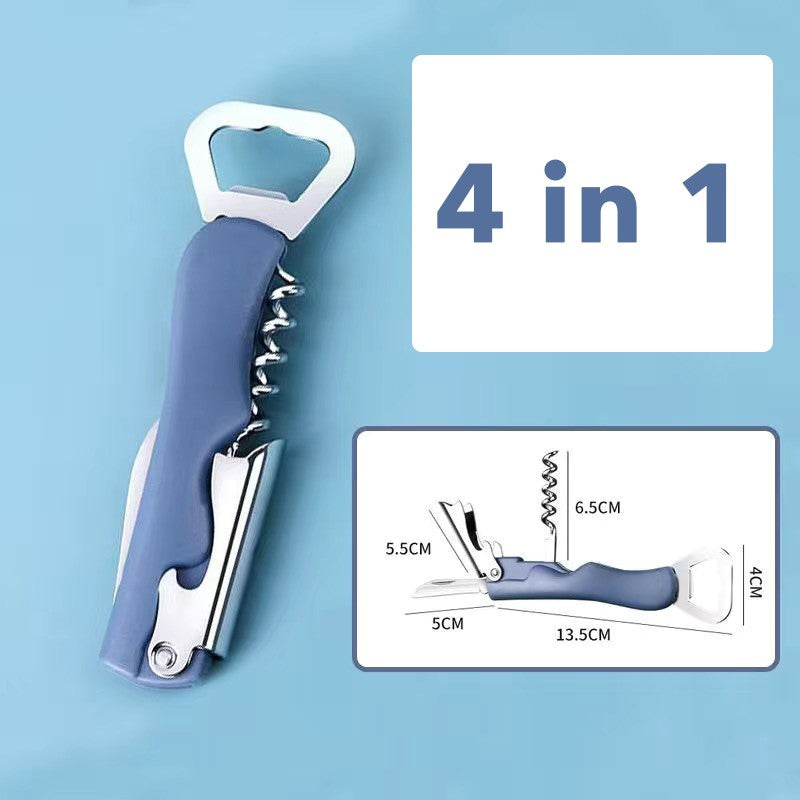 Tirbuson de Sticle 4 in 1, Desfacator Multifunctional pentru Vin si Capace, Otel Inoxidabil, Maner Anti-Alunecare, 13.5 x 4 cm, Albastru