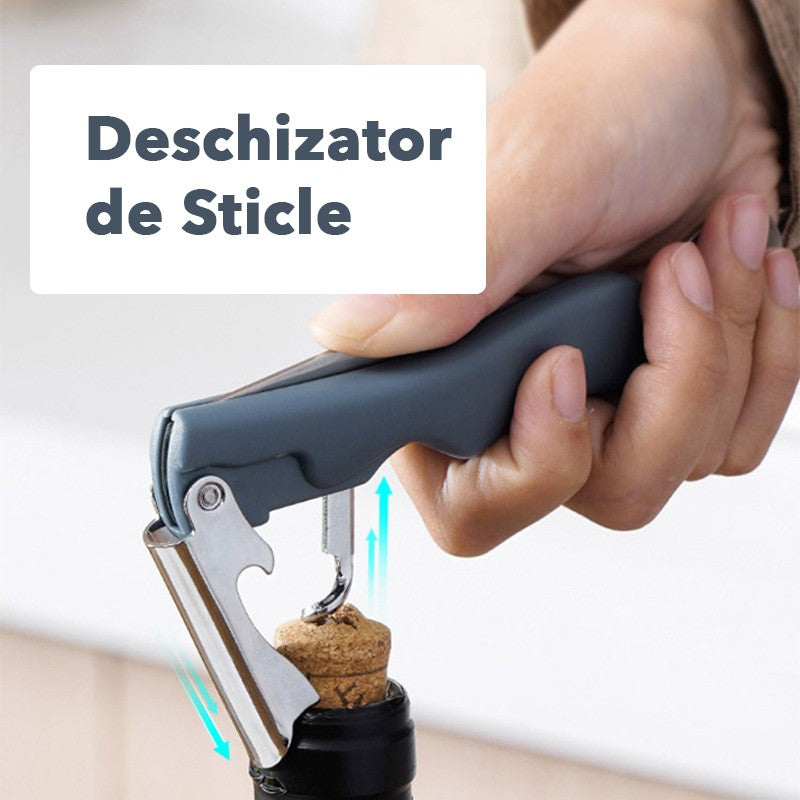Tirbuson de Sticle 4 in 1, Desfacator Multifunctional pentru Vin si Capace, Otel Inoxidabil, Maner Anti-Alunecare, 13.5 x 4 cm, Albastru