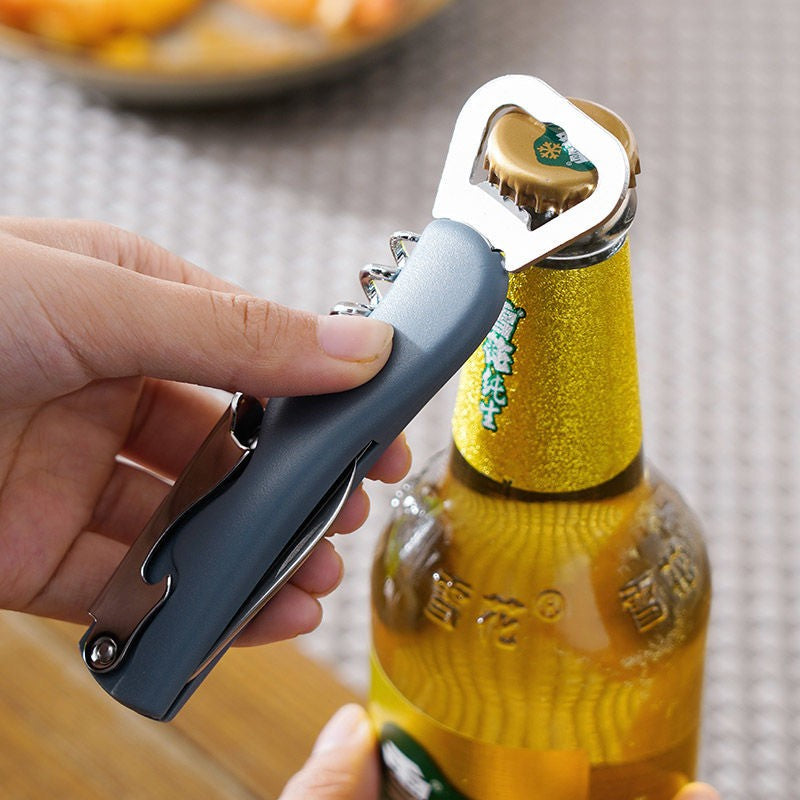 Tirbuson de Sticle 4 in 1, Desfacator Multifunctional pentru Vin si Capace, Otel Inoxidabil, Maner Anti-Alunecare, 13.5 x 4 cm, Albastru