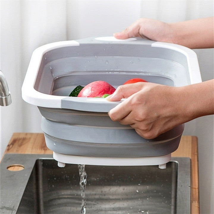 Tocator Multifunctional 2 in 1 cu Cos de Spalare si Scurgere, Design Pliabil pentru Economisire Spatiu, Material Plastic PP Antibacterian, 40 x 30 cm, 480 g, Gri