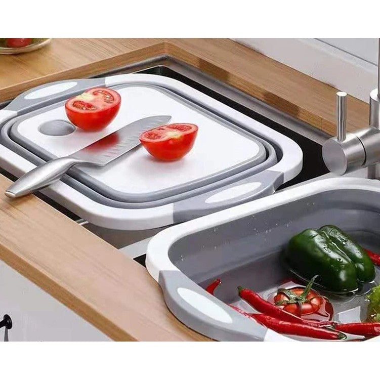 Tocator Multifunctional 2 in 1 cu Cos de Spalare si Scurgere, Design Pliabil pentru Economisire Spatiu, Material Plastic PP Antibacterian, 40 x 30 cm, 480 g, Gri