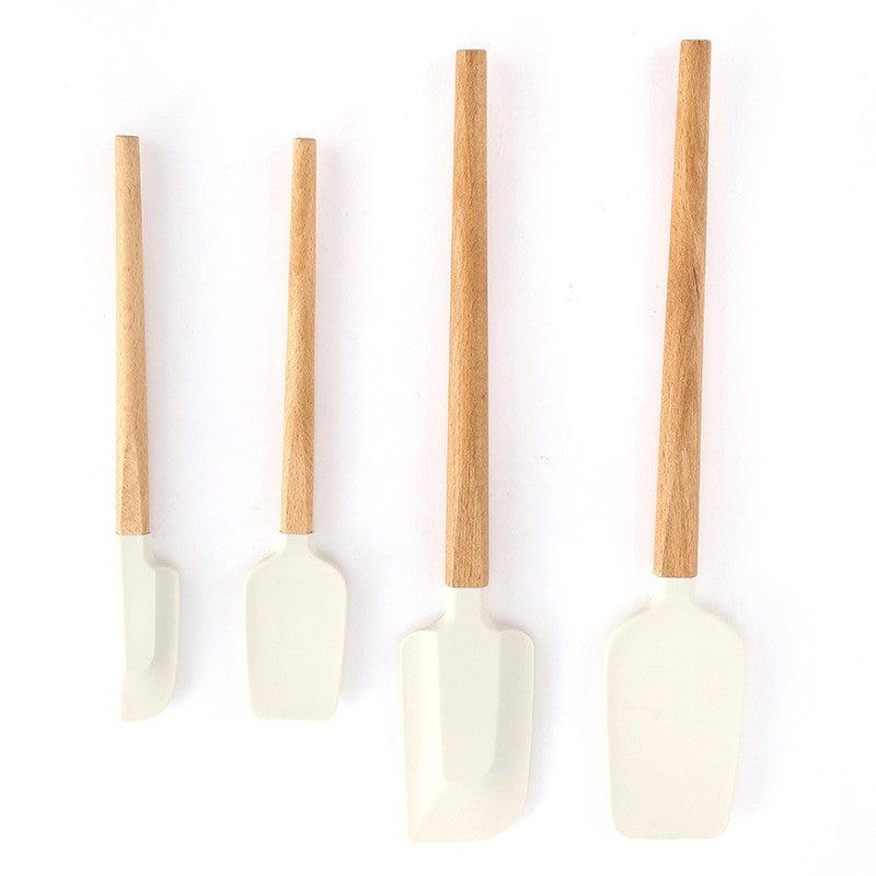 Set 4 Ustensile de Bucatarie, Spatule pentru Gatit si Amestecat, Silicon Termorezistent si Maner din Lemn, Design Antiaderent, Alb-Maro