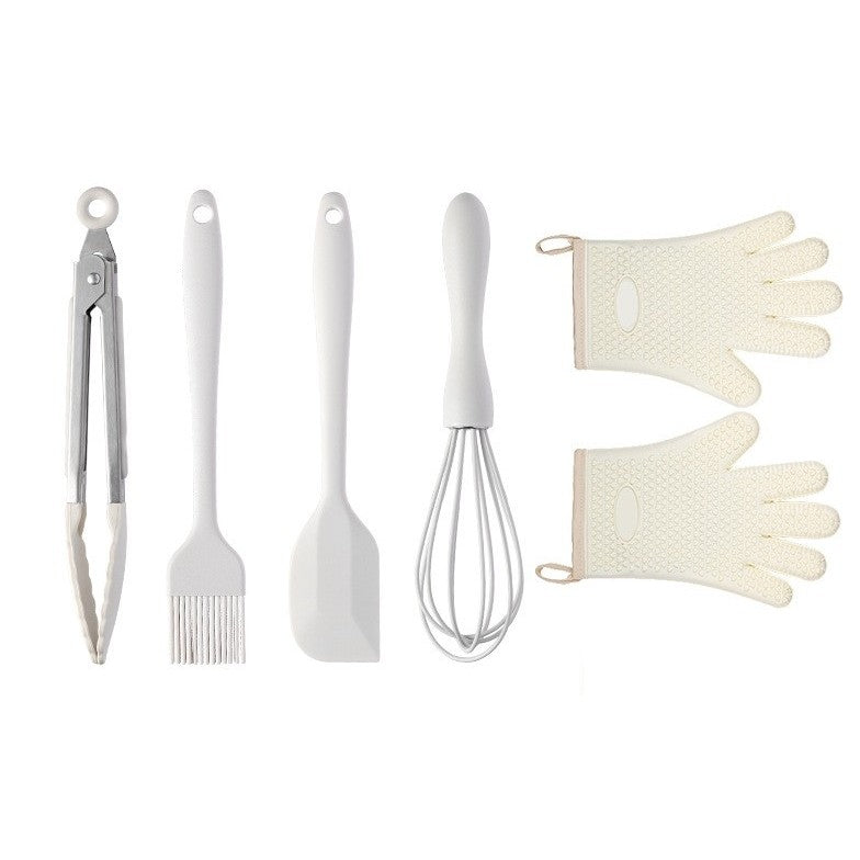 Set 5 Ustensile de Bucătărie, Termorezistente și Antiaderente, Silicon Alimentar și Inox, Design Ergonomic, Alb Ivory