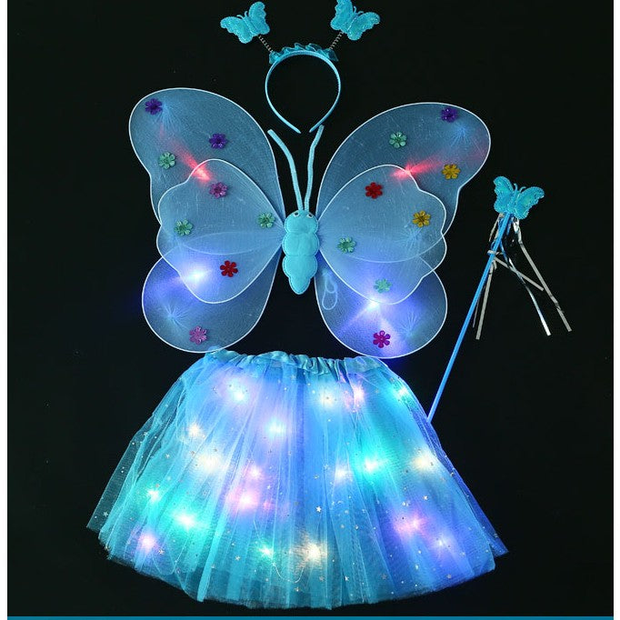 Costum Fluturas pentru Copii cu Aripi Modelabile si Fusta Tul Luminoase LED, Set 4 Piese cu Bagheta si Bentita, Bumbac si Poliester, Marime Universala, Albastru