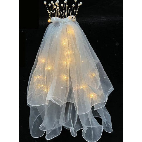 Voal Luminos cu Coronita si Lumini LED Alb Cald, Accesoriu Petrecerea Burlacitelor si Serbari Copii, Marime Universala, Alb