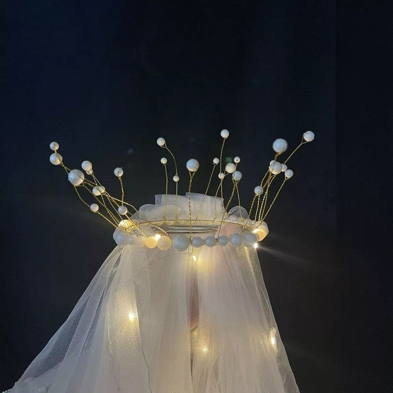 Voal Luminos cu Coronita si Lumini LED Alb Cald, Accesoriu Petrecerea Burlacitelor si Serbari Copii, Marime Universala, Alb