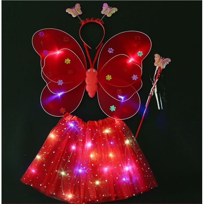 Costum Fluturas pentru Copii cu Aripi Modelabile si Fusta LED, Set 4 Piese cu Bagheta si Bentita, Bumbac si Poliester, Marime Universala, Rosu